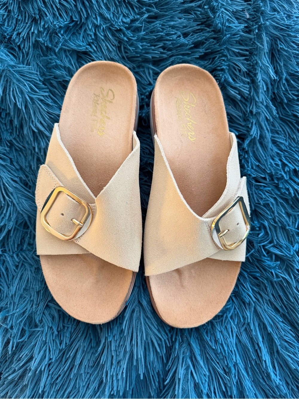 Skechers Taupe Suede Crossband Slide Sandals with Gold Buckles